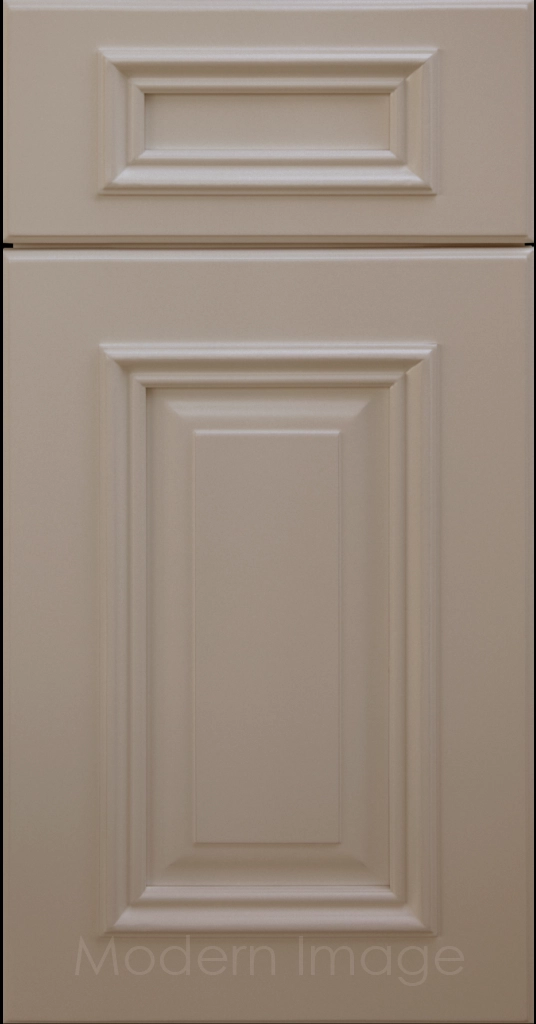 Hamilton cabinet door in French Grey color with double raised panel and mitered elevated molding.